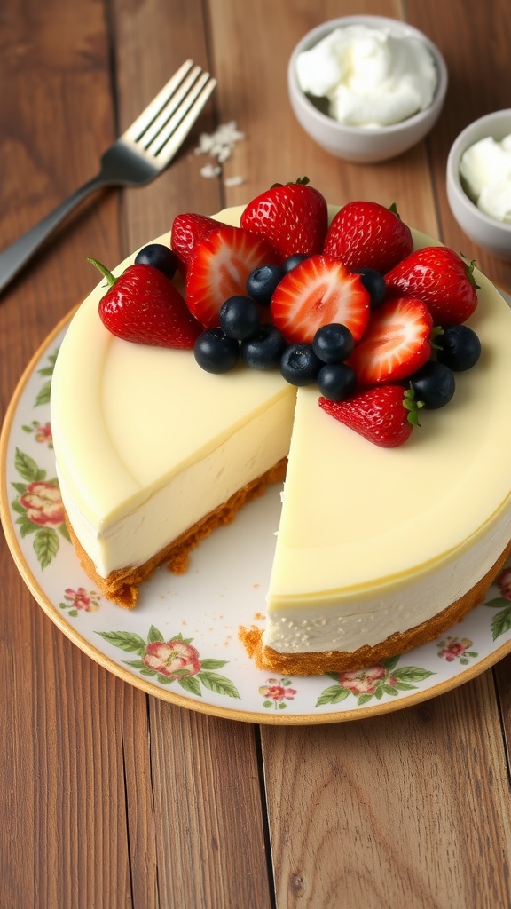 A 7-inch no-bake cheesecake topped with fresh berries, with a slice cut out, served on a wooden table.